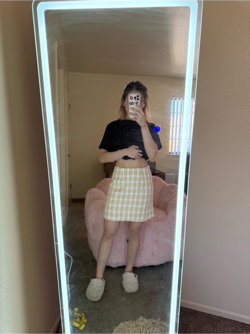 Classic Plaid A-Line Skirt in Beige and White